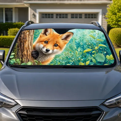 Peeking Red Fox Cub In Spring Woodland Scene For Nature Lovers And Cottagecore Decor Car Sunshade