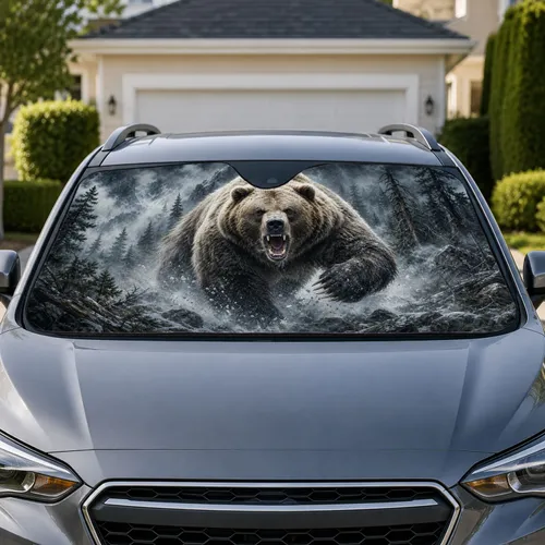 Roaring Grizzly Bear In Snowy Alpine Forest For Wilderness Adventure And Rustic Cabin Fans Car Sunshade
