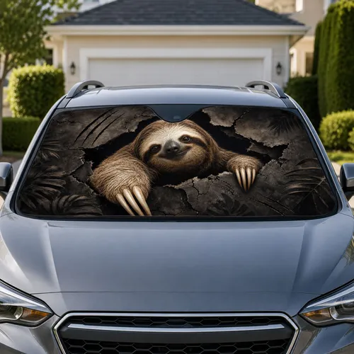 Realistic Sloth Emerging From Dark Jungle Cracks For Tropical Road Trip Wildlife Fans Car Sunshade