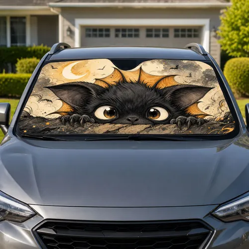 Wide Eyed Anime Bat With Moonlit Wings For Halloween Goth Decor And Night Drive Fans Car Sunshade