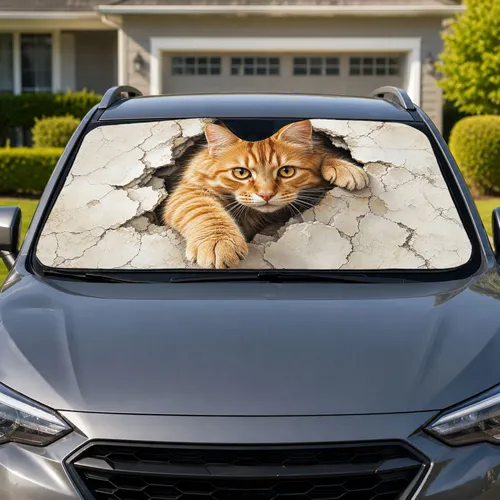 Realistic Ginger Tabby Cat Breaking Through Plaster For Pet Lovers Cat Moms And Fans Car Sunshade