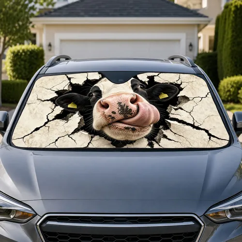 Black And White Cow Bursting Through Torn Hole Farmhouse Humor Road Trip For Dairy Fans Car Sunshade