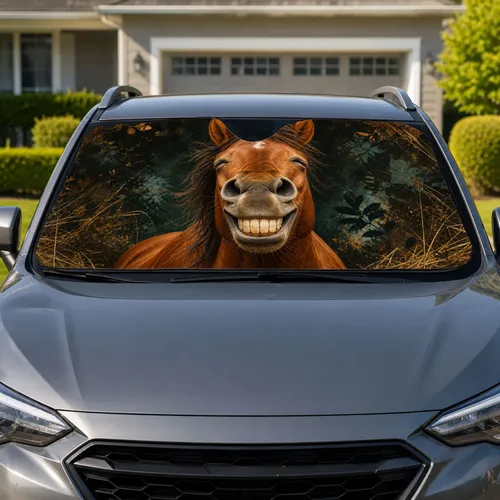 Grinning Chestnut Horse Face Barnyard Humor Gift For Equestrian Farm Lovers And Riders Car Sunshade
