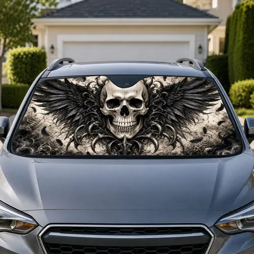 Gothic Winged Skull With Raven Feathers For Dark Fantasy Decor And Horror Fans Gift Car Sunshade