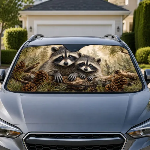Realistic Woodland Raccoons With Pinecones For Nature Lovers Outdoor Cabin Style Car Sunshade