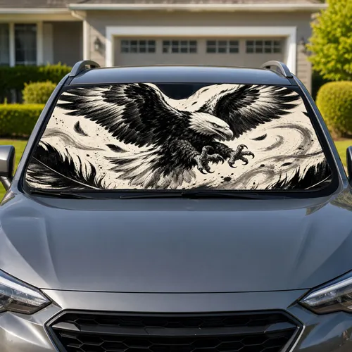 Bald Eagle Raptor Swoop Black Ivory Feather Woodcut Style Patriotic Outdoor Gift Car Sunshade