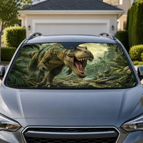Roaring T Rex Jungle Scene With Prehistoric Ferns For Dino Adventure Fans And Kids Car Sunshade