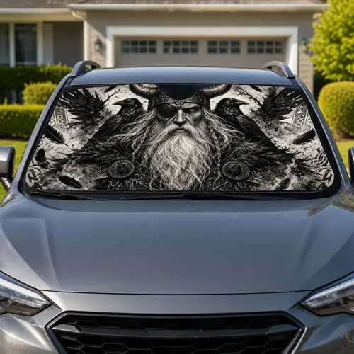 Norse Elder Warrior With Ravens And Horned Helmet Viking Decor For Pagan Goth Fans Car Sunshade