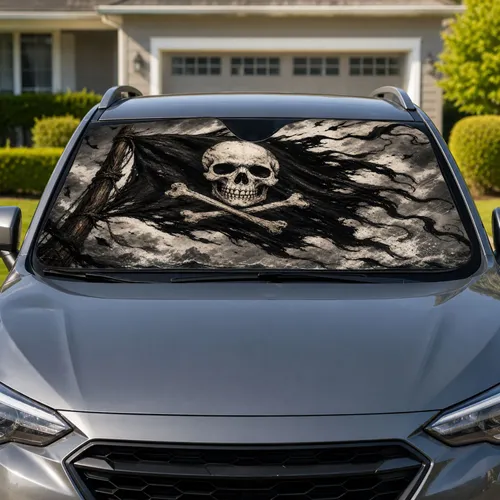 Ragged Pirate Skull Flag With Stormy Sea Mist For Nautical Rebel Fans And Buccaneers Car Sunshade