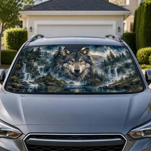 Majestic Wolf Moon Forest Waterfall Wildlife Decor For Outdoor Adventure Lovers Campers Car Sunshade