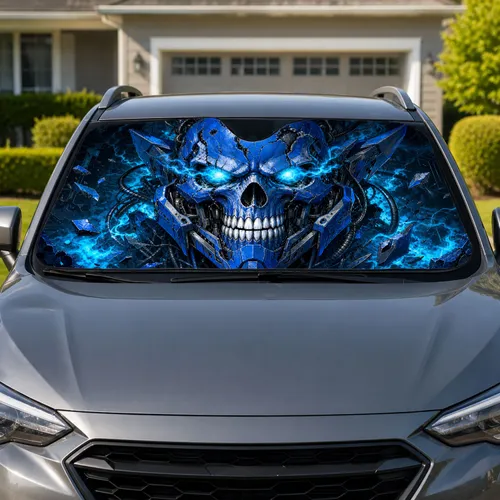 Cybernetic Blue Mech Skull With Cyan Glow For Goth Racing Biker Garage Style Fans Car Sunshade