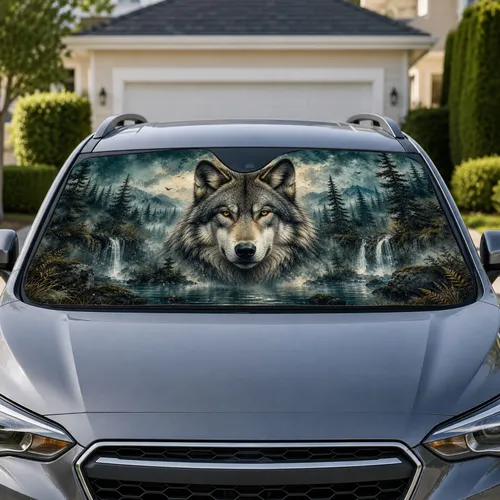 Majestic Gray Wolf Moonlit Forest Waterfall Wilderness Decor Gift For Nature Lovers Car Sunshade
