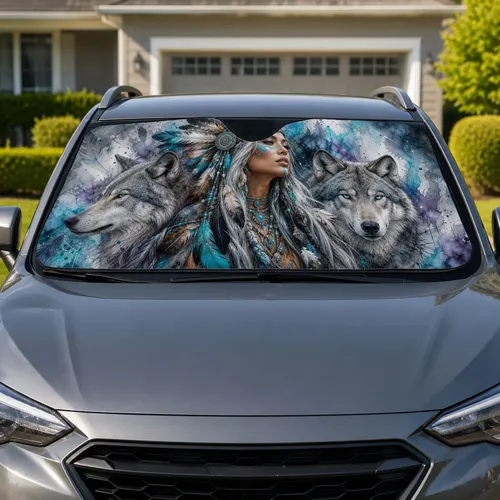 Indigenous Inspired Woman With Gray Wolves And Feathers For Boho Road Trip Style Car Sunshade