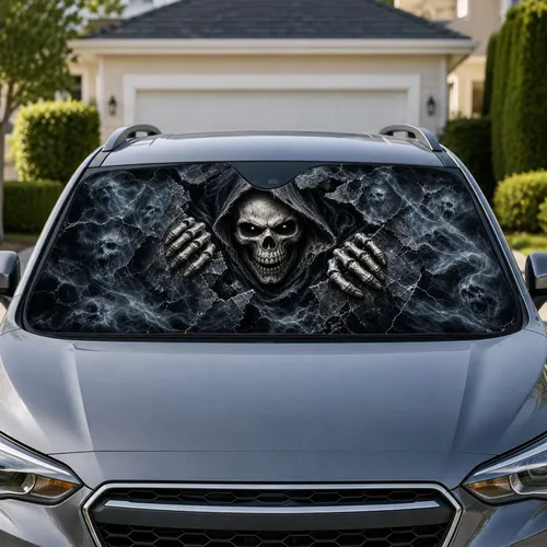 Hooded Skull Apparition With Cracked Stone Horror Style For Gothic Road Trip Fans Car Sunshade