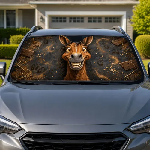 Goofy Horse Donkey Face With Barnyard Straw For Funny Farmhouse Road Trips Animal Lovers Car Sunshade