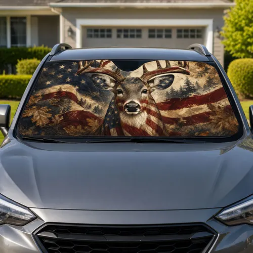 Patriotic Whitetail Buck With Weathered American Flag For Hunters Veterans And Outdoorsmen Car Sunshade