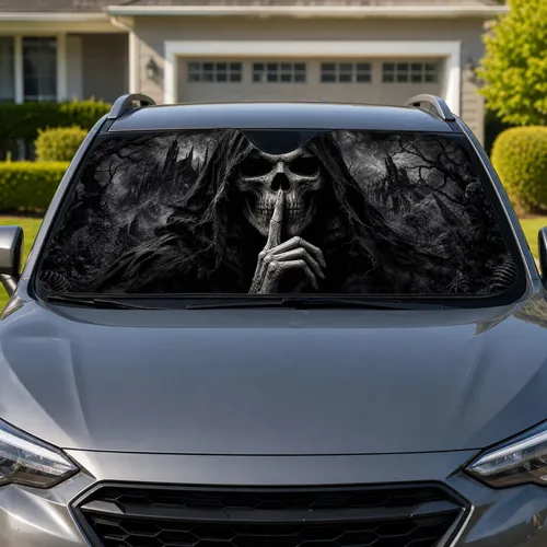Hooded Shushing Skull With Skeletal Hand For Gothic Horror Halloween Haunted Night Car Sunshade