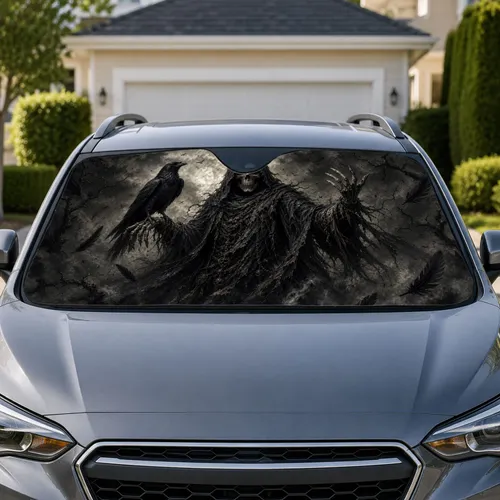 Hooded Skeleton Wraith With Raven Gothic Dark Fantasy Halloween Decor For Goth Fans Car Sunshade