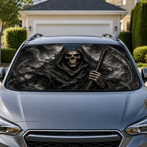 Grim Reaper Skull With Scythe And Smoky Dark Fantasy Style For Gothic Horror Fans Car Sunshade