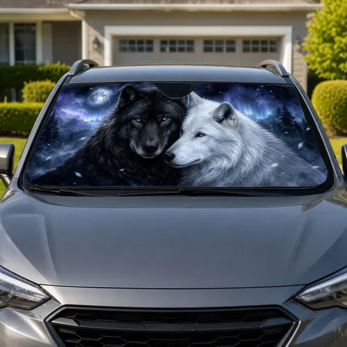 Black White Wolf Pair Mystical Starry Night Yin Yang Wildlife Decor For Nature Lovers Car Sunshade