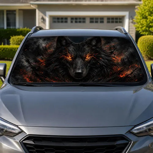 Black Wolf With Fiery Amber Eyes Dark Fantasy Cabin Adventure Decor For Night Drivers Car Sunshade