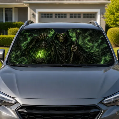 Green Eyed Gothic Grim Reaper With Lantern For Dark Fantasy Horror Lifestyle Fans Car Sunshade