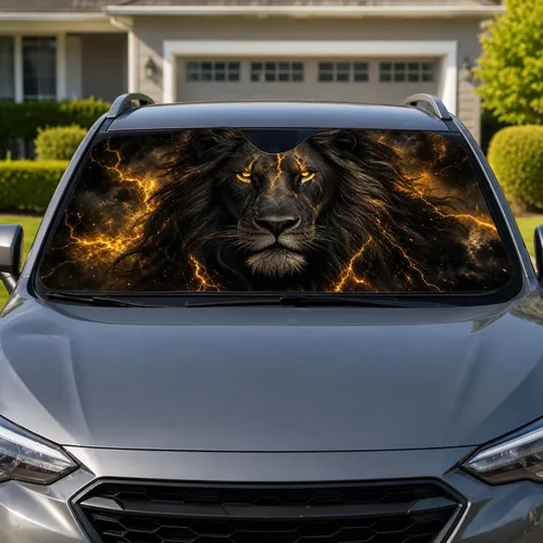 Glowing Black Lion Head With Molten Gold Cracks For Dark Fantasy Decor Fans And Leo Gifts Car Sunshade