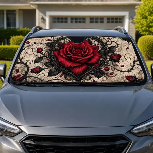 Gothic Crimson Rose Heart With Thorn Vines For Dark Romantic Tattoo Decor Lovers Car Sunshade