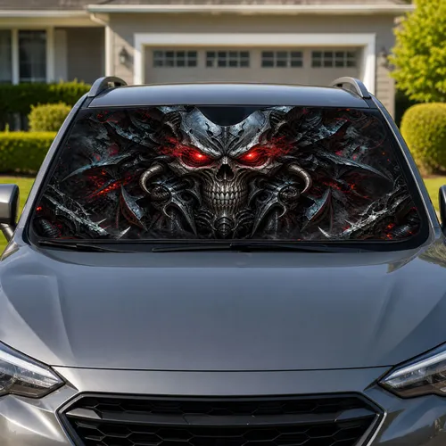 Biomechanical Skull Mask With Molten Red Eyes For Dark Fantasy Ride Style Enthusiasts Car Sunshade