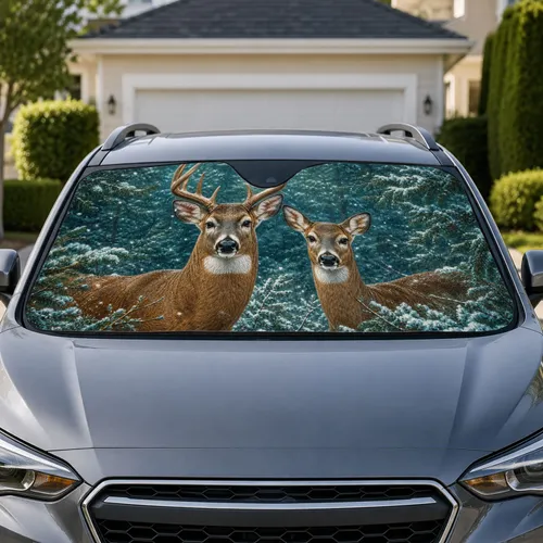 White Tailed Deer Pair In Snowy Evergreen Forest For Winter Cabin Wildlife Lovers Car Sunshade