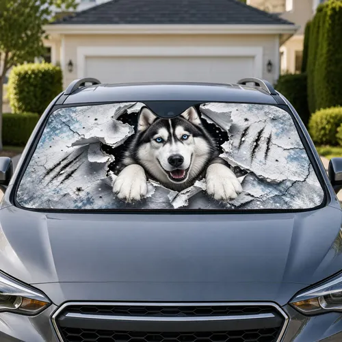 Realistic Siberian Husky Torn Paper Breakout Arctic Winter Decor For Husky Dog Fans Car Sunshade