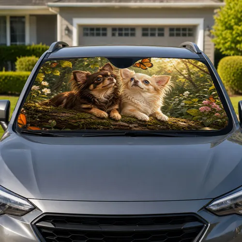 Long Eared Chihuahua Duo With Monarch Butterflies For Woodland Road Trips And Dog Lovers Car Sunshade