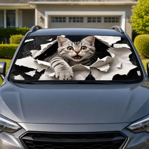 Mischievous Silver Tabby Kitten Bursting Through Torn Paper For Playful Cat Lovers Car Sunshade