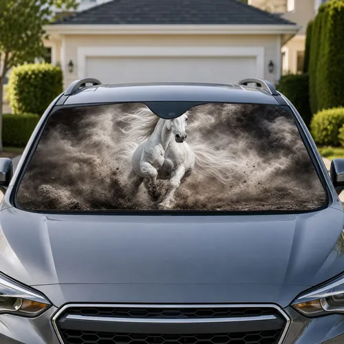 White Horse Galloping Through Storm Dust For Western Road Trips And Horse Lovers Car Sunshade
