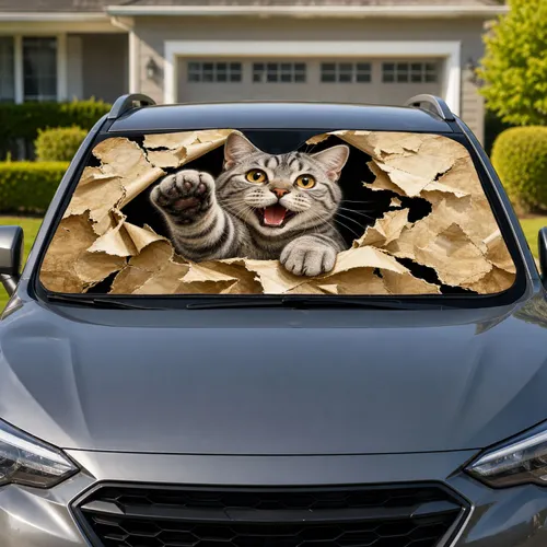 Silver Tabby Cat Bursting Through Torn Paper For Pet Lovers And Daily Road Trip Fun Car Sunshade