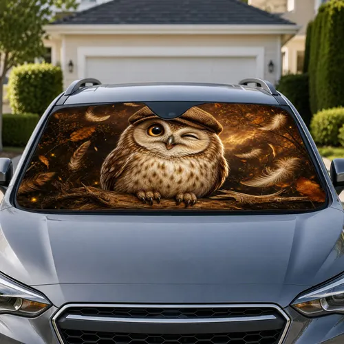 Winking Owl In Tweed Cap With Amber Woodland Glow For Cozy Cabin Style Everyday Drivers Car Sunshade