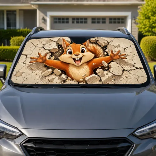 Cute Squirrel Bursting Through Cracked Wall For Playful Road Trips And Animal Fans Car Sunshade