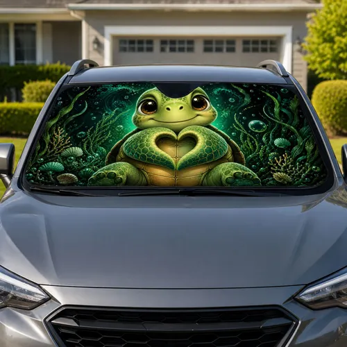 Cute Green Sea Turtle Heart Pose Underwater Ocean Decor For Summer Beach Lovers Gift Car Sunshade