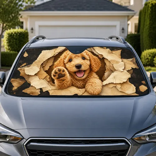 Cute Apricot Puppy Bursting Through Torn Paper For Cozy Commutes And Dog Lover Fans Car Sunshade
