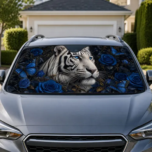 White Tiger With Blue Roses And Butterflies Gothic Wildlife Style For Luxury Drivers Car Sunshade