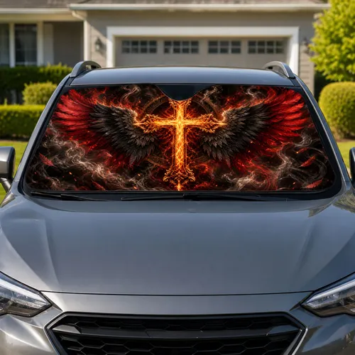 Ornate Glowing Sacred Cross With Crimson Wings For Gothic Faith Decor And Believers Car Sunshade