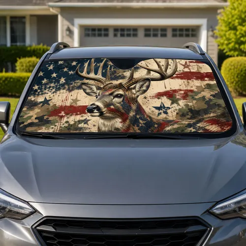 Patriotic Camo Buck Deer With American Flag Grunge For Hunting Outdoor Lifestyle Car Sunshade
