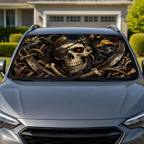 Menacing Pirate Skull With Cutlasses And Storm Smoke For Dark Nautical Rebel Fans Car Sunshade