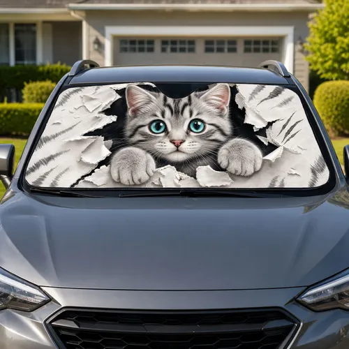Cute Gray Tabby Kitten Peeking Through Torn Paper For Cat Lovers And Pet Owner Gifts Car Sunshade
