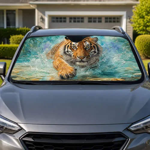 Charging Bengal Tiger In Turquoise Water For Wild Adventure Style And Big Cat Fans Car Sunshade