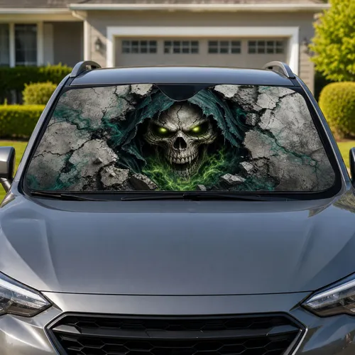 Hooded Reaper Skull With Glowing Green Eyes For Dark Fantasy Horror Fans And Goth Rides Car Sunshade