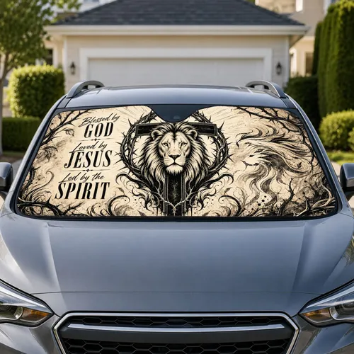 Lion Of Judah Cross With Blessed By God Scripture For Christian Faith Road Trips Car Sunshade