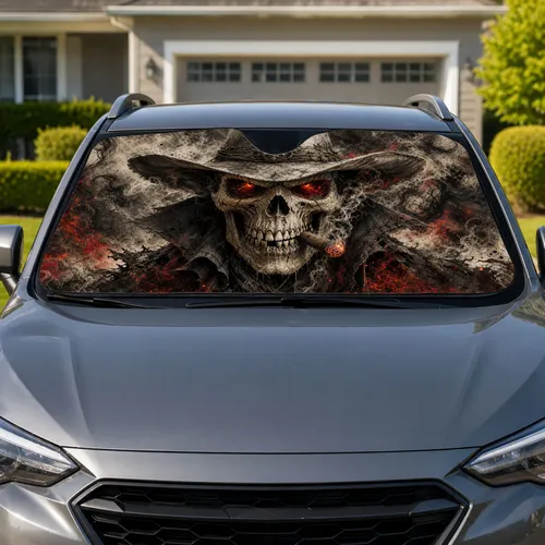 Smoking Skull Cowboy With Ember Eyes And Cigar For Dark Western Road Trip Style Fans Car Sunshade