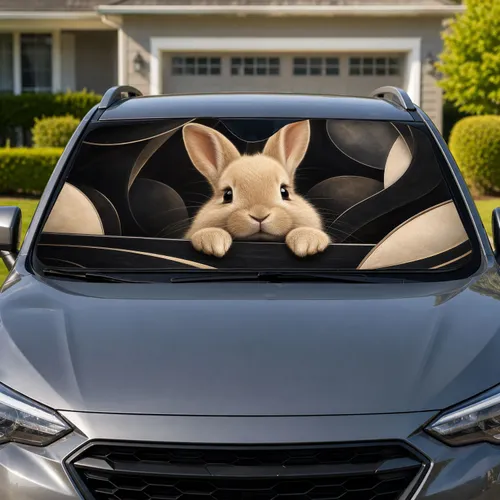 Cute Beige Rabbit Peekaboo Black Charcoal Decor For Cozy Commutes And Bunny Fans Car Sunshade