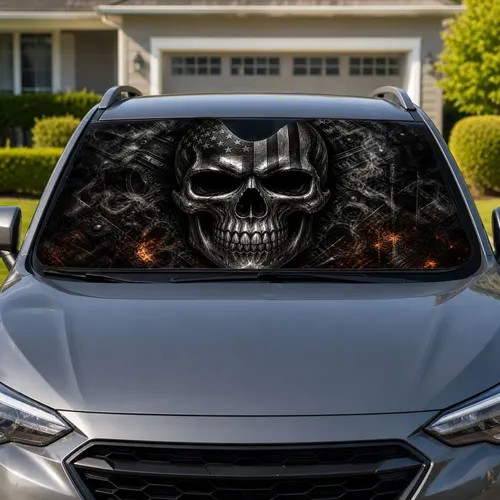 Dark Silver Skull With American Flag Metal Embers For Biker Garage Hard Rock Fans Car Sunshade